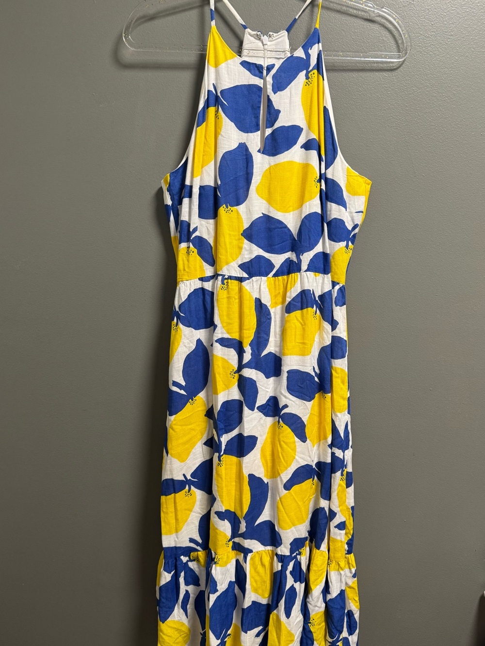 LOFT Yellow & Blue Lemon-Print Sleeveless Midi Dress Size 8 - Picture 2 of 11